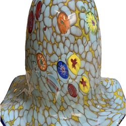 Murano Style Glass Lamp Shade Aqua Blue Millefiori Ruffled  9”x 9.5”