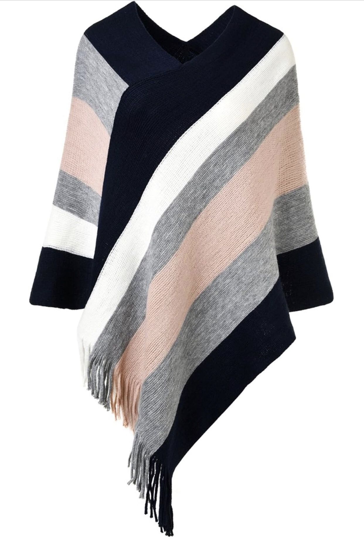 Women's Casual Striped Poncho Sweater Versatile Fringe Shawl Wrap