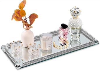 Silver Mirror Perfume Tray for Dresser,Crushed Diamond Filled Glass Vanity Tray,Decorative Bathroom Tray,Crystal Tray for Home Decorative,Party,Hotel 