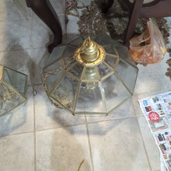 Vintage 30 Beveled Glass & Brass Large 6 light Hanging Chandelier