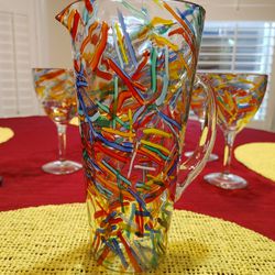 Colorful Summer Lead Crystal Carafe with  Matching Glasses