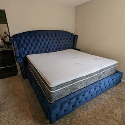 MS Q  Navy Blue Tufted Velvet Platform Bed