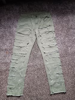 Olive Green Heavily Distressed Skinny Jeans