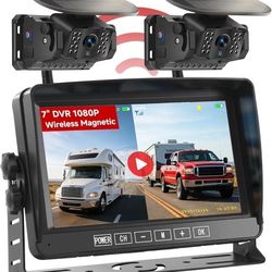 Dual Wireless Magnetic Backup Camera for Trailer - 7” 1080P HD 4CH Monitor with Solar 15000mAh Rechargeable Night Vision Rear Camera, DVR Loop Recordi