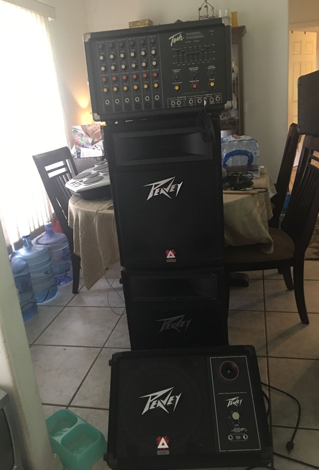 Peavey speakers, monitor and powered mixer.