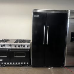 Viking 48”Wide Built In Side By Side Refrigerator And Viking 48”Wide All Gas Range Stove Gloss Black
