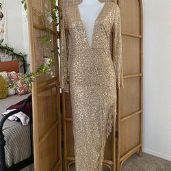 Long Sleeve Sequin Tassel Maxi Dress Gold