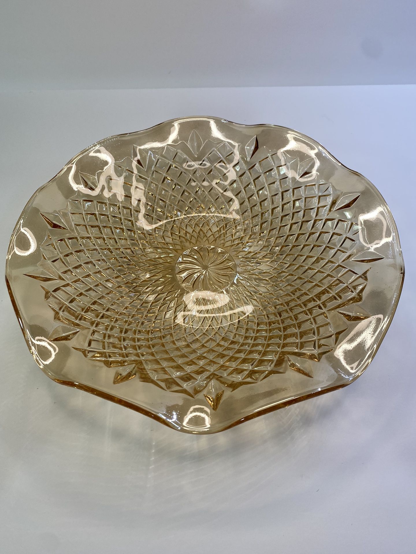 Vintage Sowerby Depression Marigold/Amber Carnival Glass Ruffled Low Bowl - Diamond & Pinwheel Pattern Wave Rim 11” Serving Bowl.