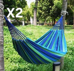 X2 BRAND NEW TEXSPORT BLUE & GREEN STRIPED FABRIC OUTDOOR BACKYARD CAMPING HAMMOCK LOT