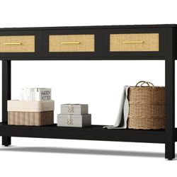 Black Entryway Table with Storage, 47" Rattan Console Table with Drawers, Narrow Long Foyer Sofa Tables for Living Room, Entryway, Hallway, Front Door