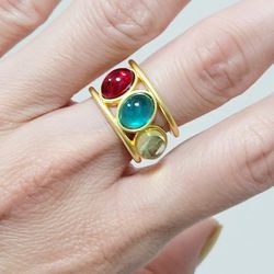 Gold multicored stones retro style women's cuff ring free size gift
