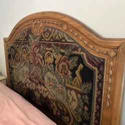 King Antique Wood And Tapestry Headboard 