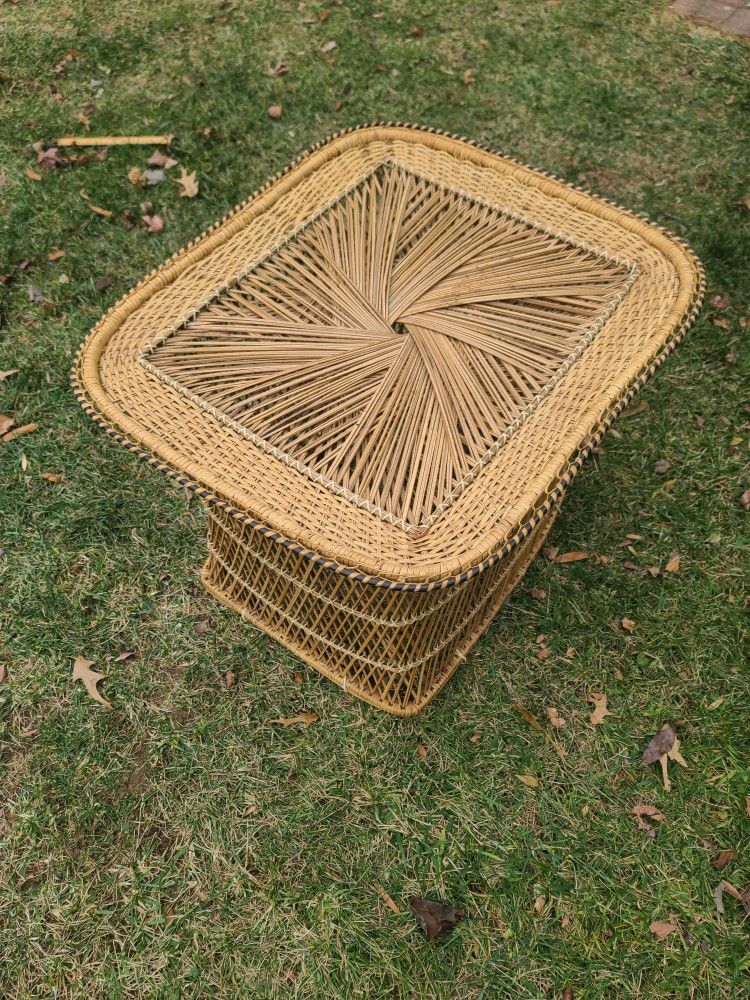 Vintage 1960's 1970's Sun Burst Pattern Rattan Wicker Table Natural Wood Rounded Rectangle Wooden Decorative Patio Outdoor Furniture Bohemian Hippie