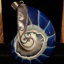 925 Sterling Silver Cool Blue Open Nautilus Shell Sterling Pendant, 2 1/2"