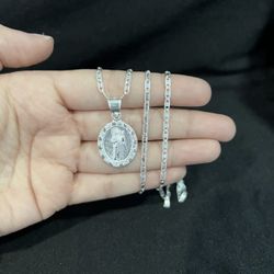 925 Sterling Silver Men Women St Jude San Judas Pendant & Valentino Chain