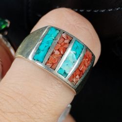 Estate Vintage Navajo Sterling Silver Turquoise Coral Inlay Signet Ring