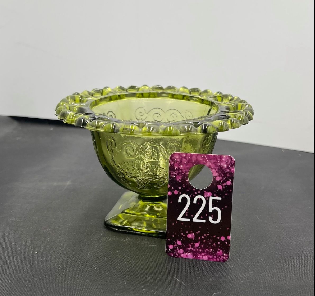 Vintage Green Indiana Glass Lorraine Lace Compote Pedestal Low Sherbet Dish