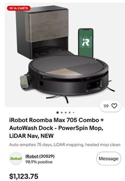 iRobot Roomba Max 705 Combo + AutoWash Dock - PowerSpin Mop, LiDAR Nav