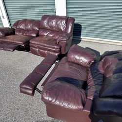 Brown Leather Recliner Couch & Chair