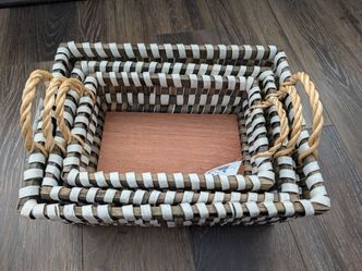 Set of 3 Brown & White Woven Desktop Baskets w/ Wooden Base & Handles