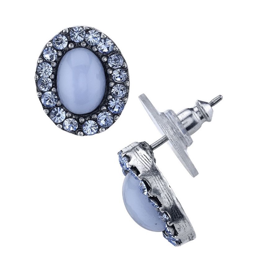 2028, Signature 1928: Pewter Tone Lt. Blue Moonstone Abs Crystal Oval Studs