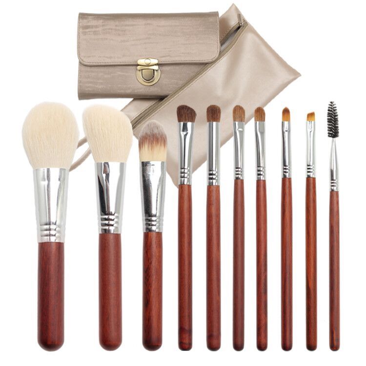 NEW Professional Makeup Brush Set 10 Pieces Natural Hair Soft Beauty + Cosmetic Bag