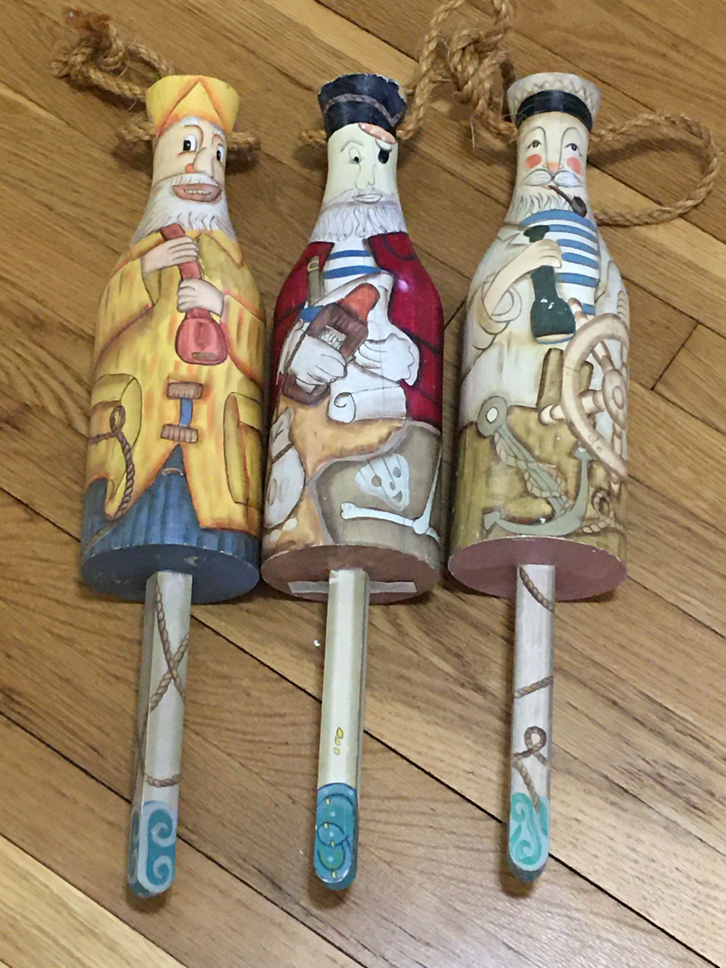 Nautical Wood Lobster Bouy’s Set of 3; Pirate,sailor , seaman .. rope handles all 3 for $25.00