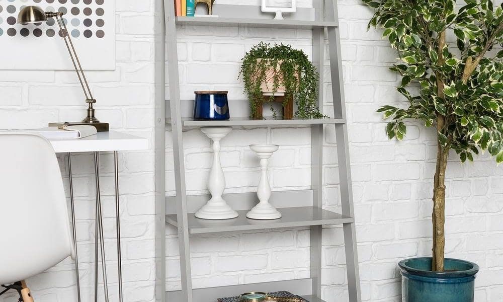55 in. Gray Wood 4-shelf Ladder Bookcase with Open Back