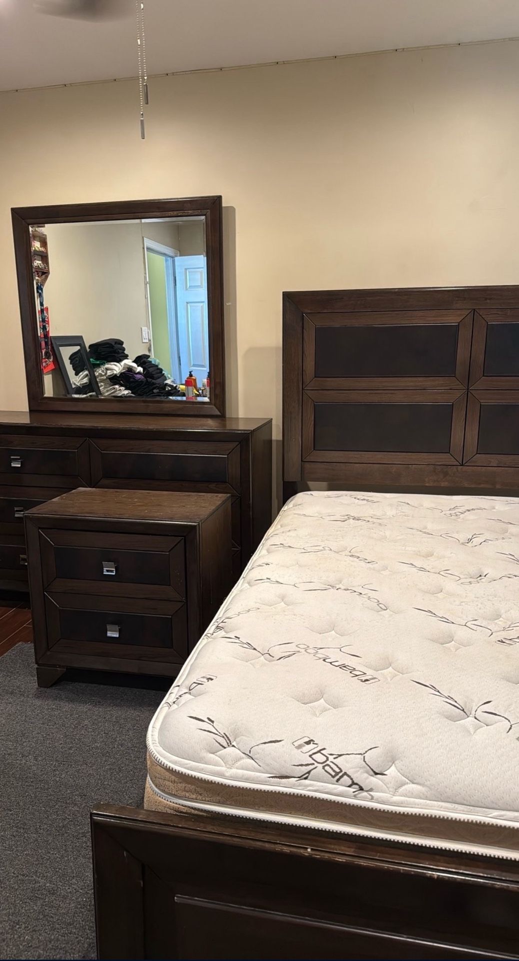 Bed frame, mattress, drawer, and nightstand  
