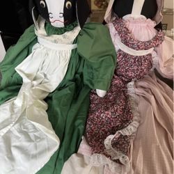 4ft Pair of Sitting Rustic Country Fabric Cows w/Dresses Stuffed Farm Animal