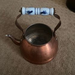 Copper Teapot With Blue White Ceramic Handle (no Lid) Used For Plant Holder