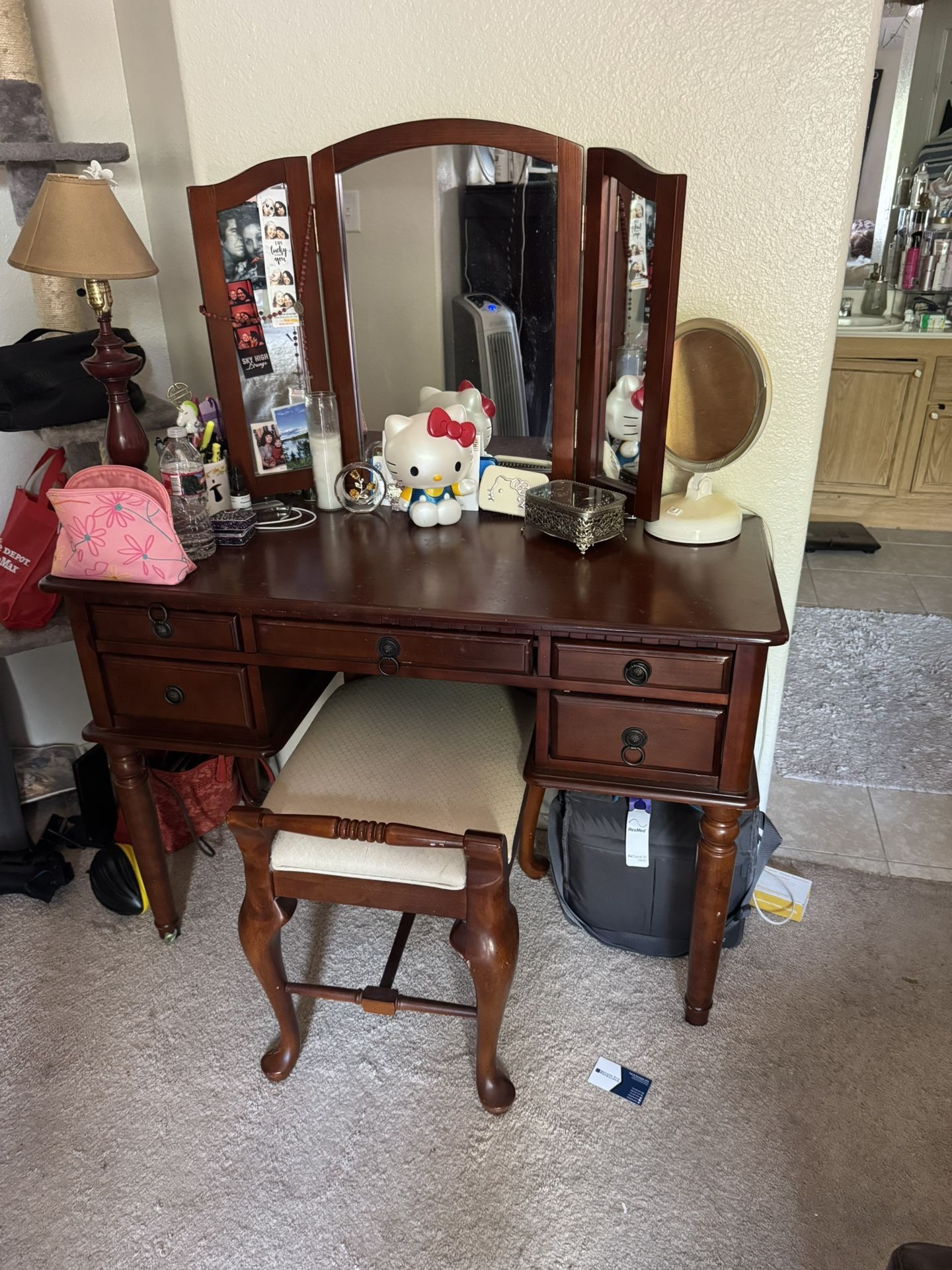 Makeup Vanity Mirror And Jewelry Chest & Chair
