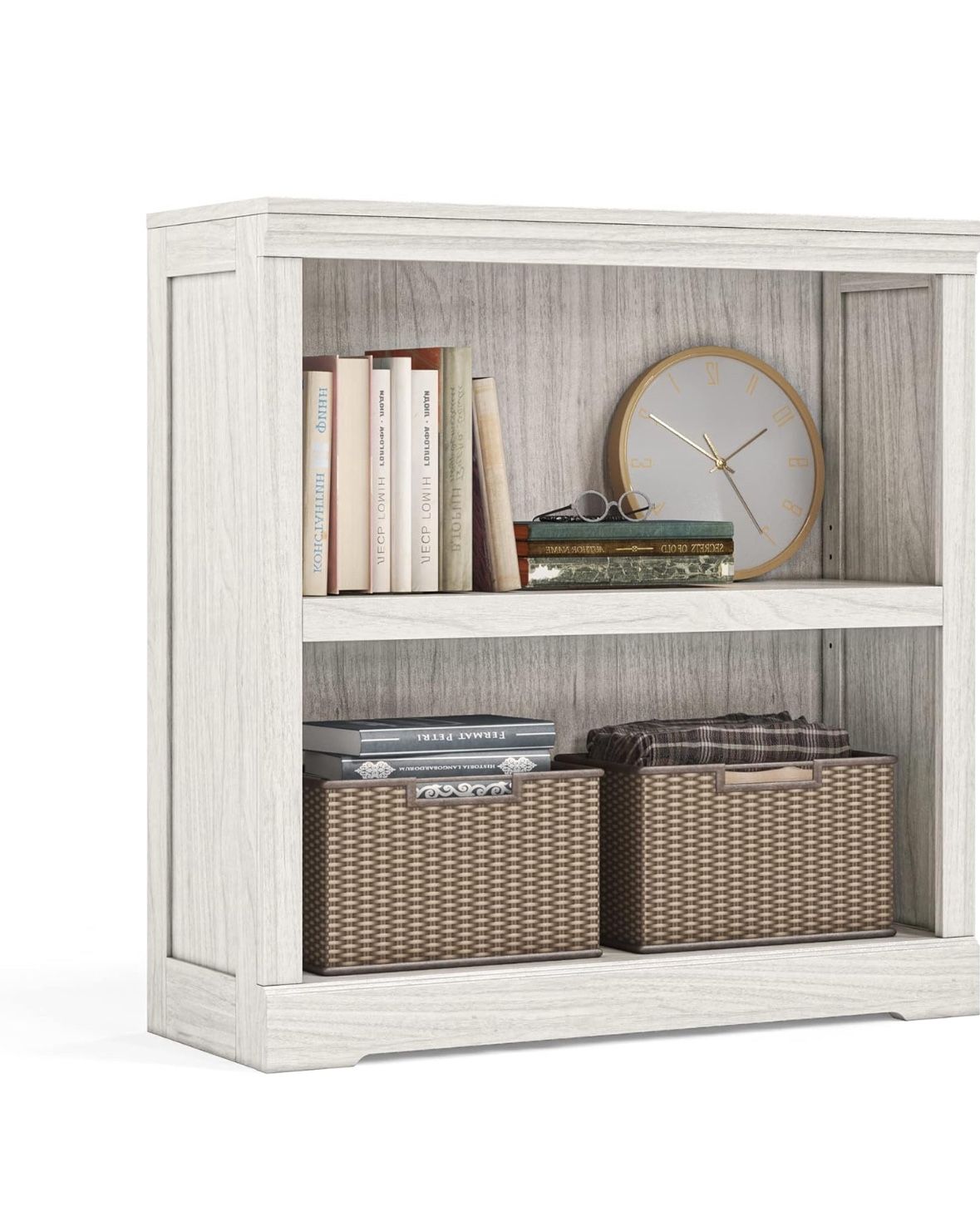 LINSY HOME 2-Tier Bookcase and Bookshelf, Small Wood Display Storage Shelves Farmhouse Bookshelf for Home Office, Living Room, Bed Room - White Oak