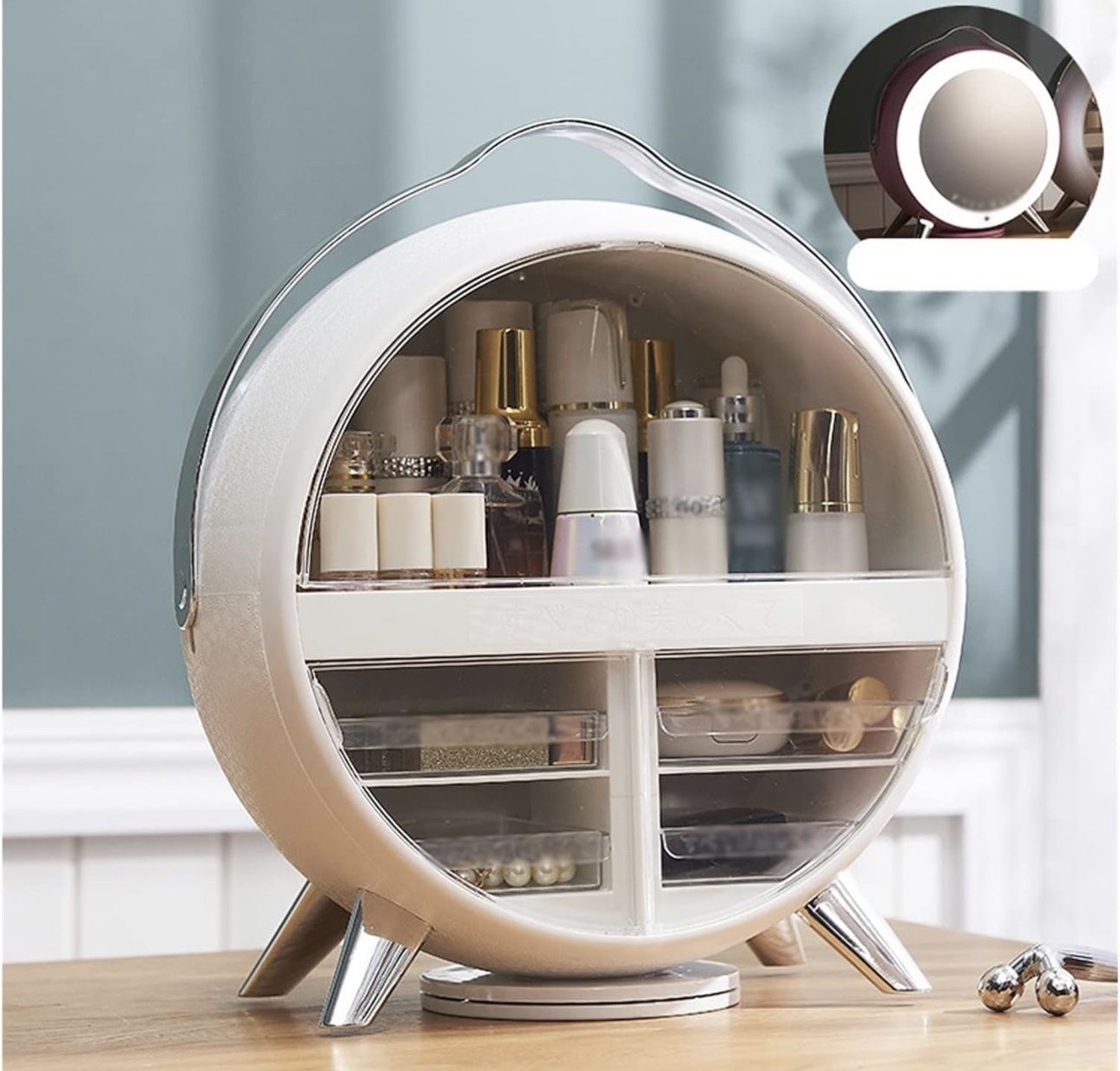 360 Rotating Makeup Storage With LED Mirror, New