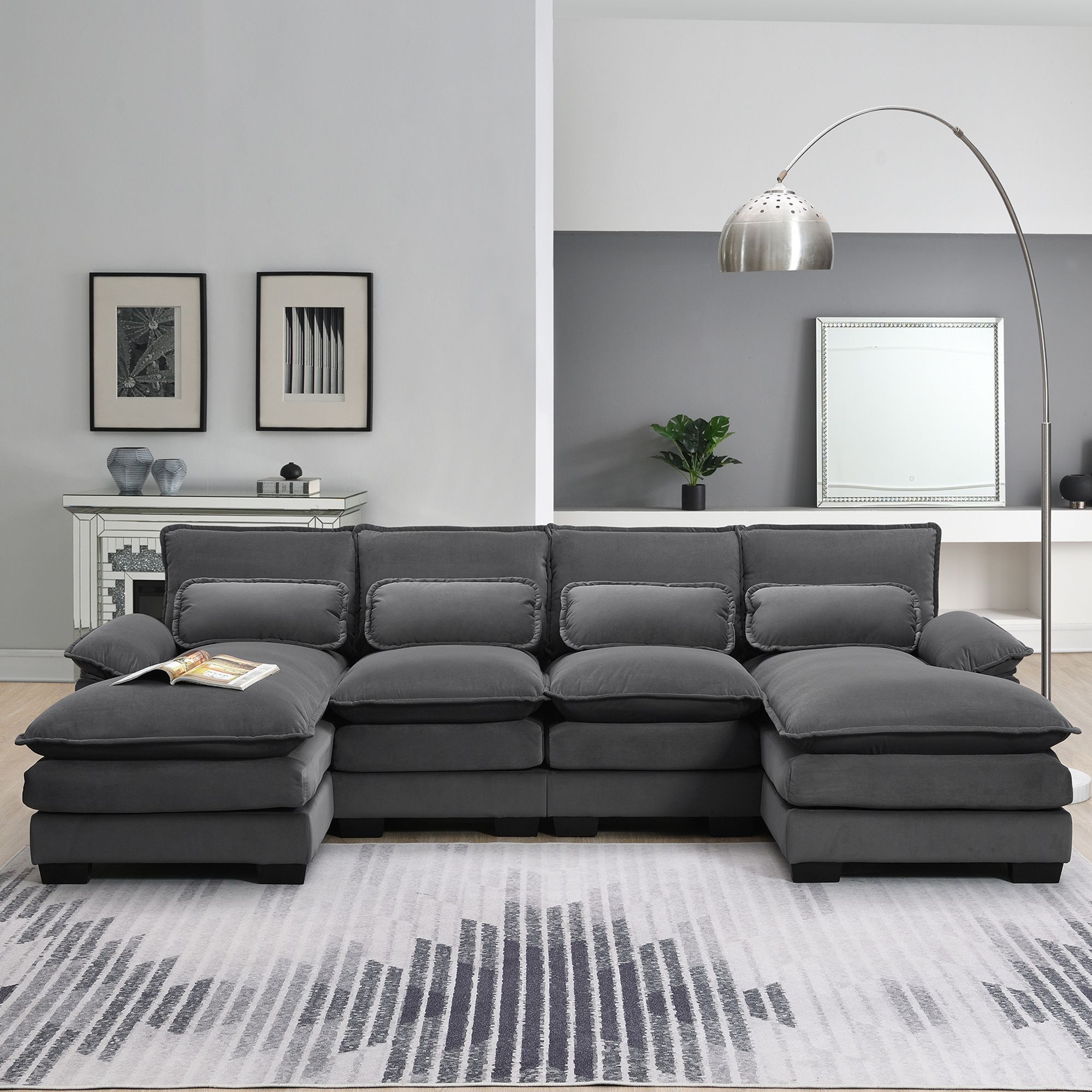 [VIDEO provided][New]109.8*55.9 Modern U-shaped Sectional Sofa with Waist Pillows,6-seat Upholstered Symmetrical Sofa Furniture,Sleeper Sofa Couch wit