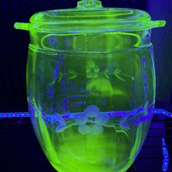 Jenkins Floral Etched Cookie Biscuit Jar With Lid Uranium Glass
