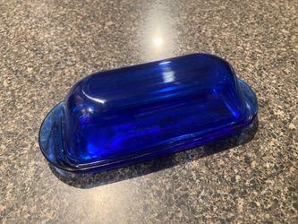 Vintage Cobalt Blue Glass Butter Dish Anchor Hocking Retro Kitchen Decor