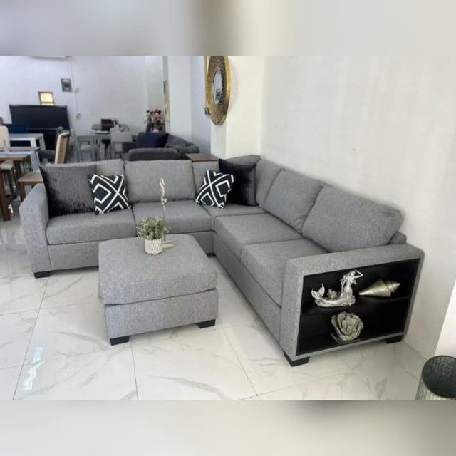 boucle fabric sectional sofa with ottoman