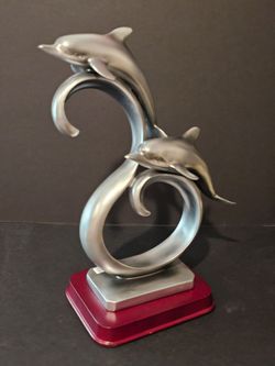 Dolphins Sculpture Statue with Wooden Base Silver