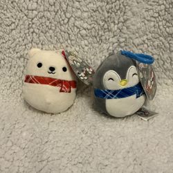 2 Clip-on Squishmallows Christmas Penguin and Polar Bear Plush