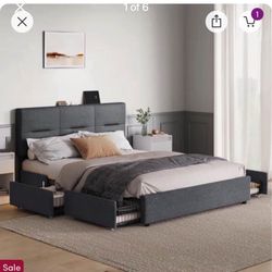 Queen Fehi Upholstered Bed Frame with Headboard, 4 Storage Drawers，Charging Station, Sensor Night Lights