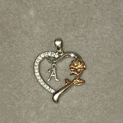 VINTAGE STERLING SILVER HEART PENDANT WITH 14K GOLD ROSE INITIAL LETTER "A" STAMPED S.925 WITH CUBIC ZIRCONIA ACCENTS