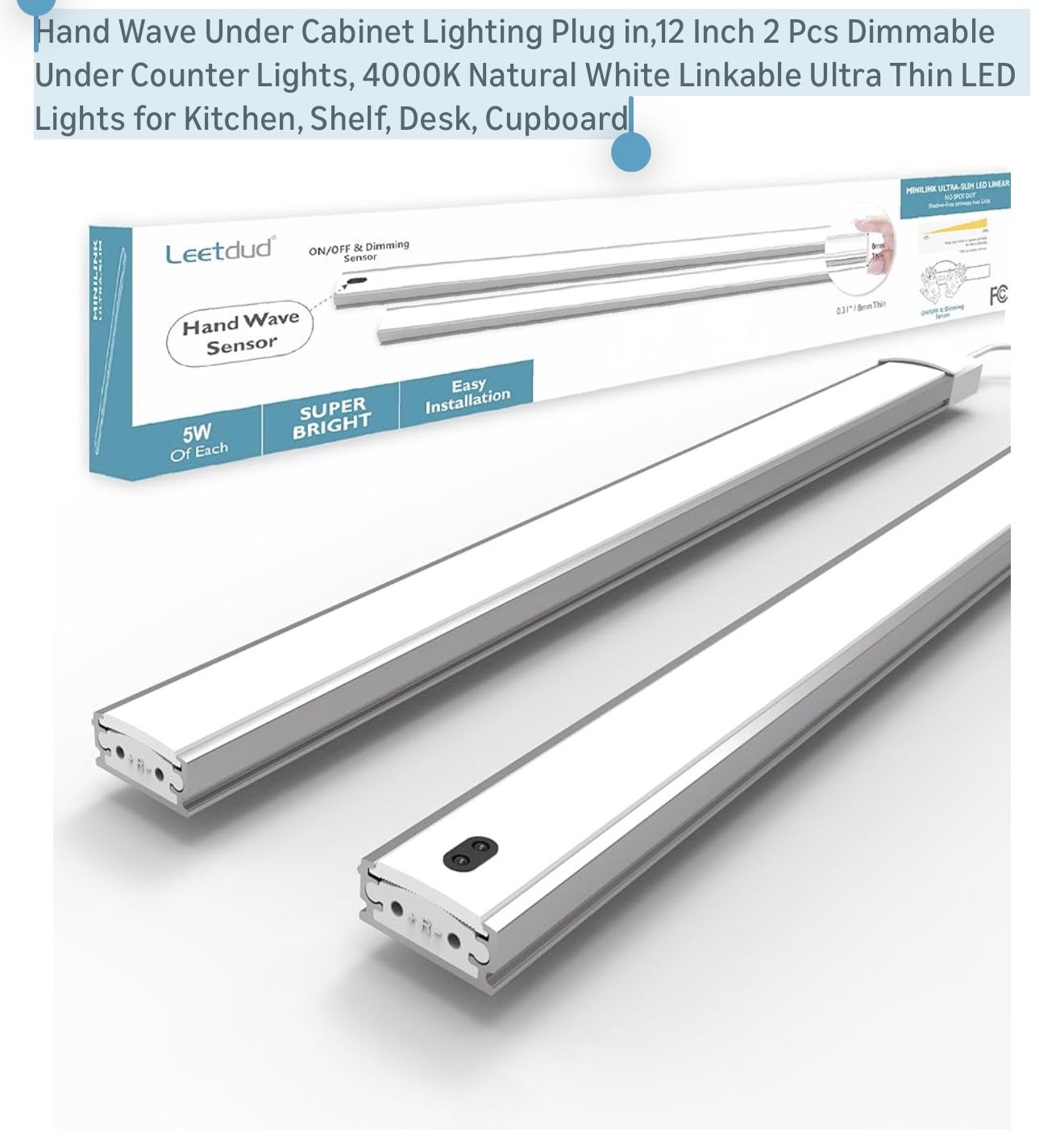 Hand Wave Under Cabinet Lighting Plug in,12 Inch 2 Pcs Dimmable Under Counter Lights, 4000K Natural White Linkable Ultra Thin LED Lights for Kitchen,
