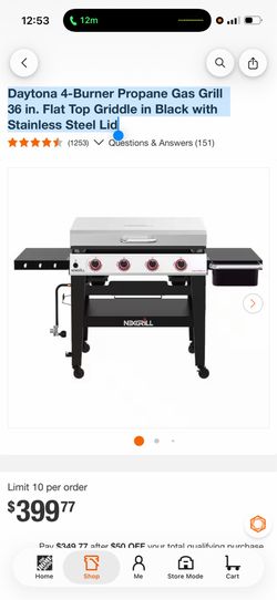 Daytona 4-Burner Propane Gas Grill 36 in. Flat Top Griddle in Black with Stainless Steel Lid