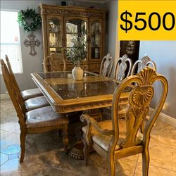 Ornate Formal Dining Table with 8 Chairs Modern FarmHouse and China Cabinet (Selling for $500)