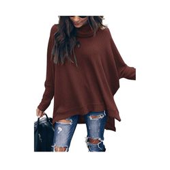 Women Turtleneck Batwing Sleeve High Low Hem Side Slit Waffle Knit Casual Loose Oversized Sweater Tunic