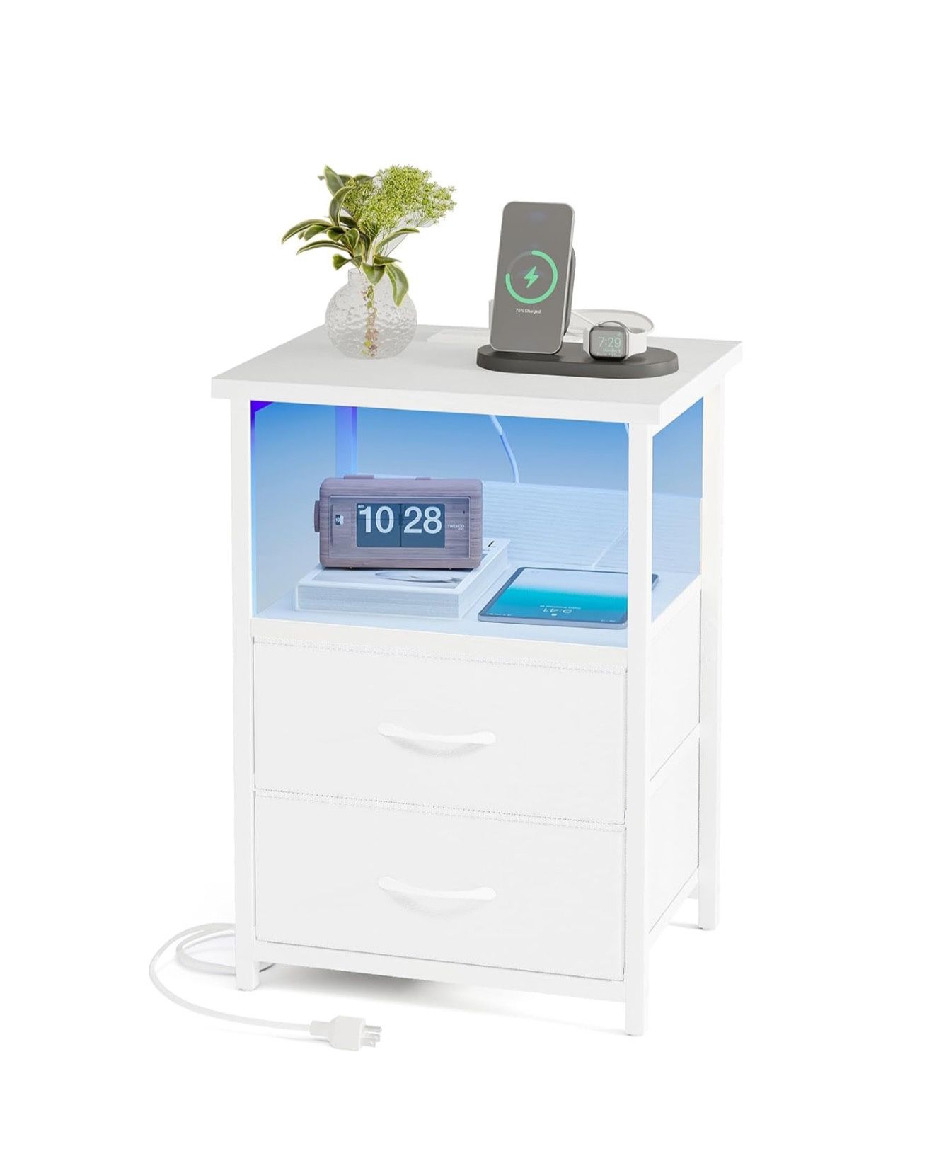 White Night Stand with Charging Station, LED, USB Ports, Outlets & 2 Fabric Storage Drawers