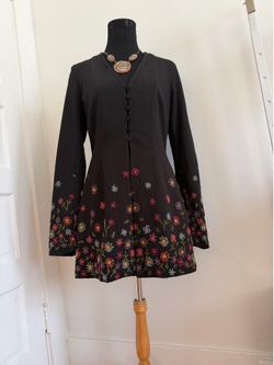 Vintage RALPH LAUREN Floral Embroidered BlackJacket Coat 100% Cotton Size S/ XS