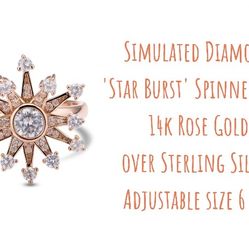 Simulated Diamond 'Starburst' Spinner Ring, 14k RG, Sz.6-8 adjustable
