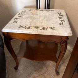 Two Wooden Marble Top End Tables